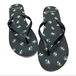 TORY BURCH Daybreak Ditzy Black Floral Flip Flop Size 9/9.5